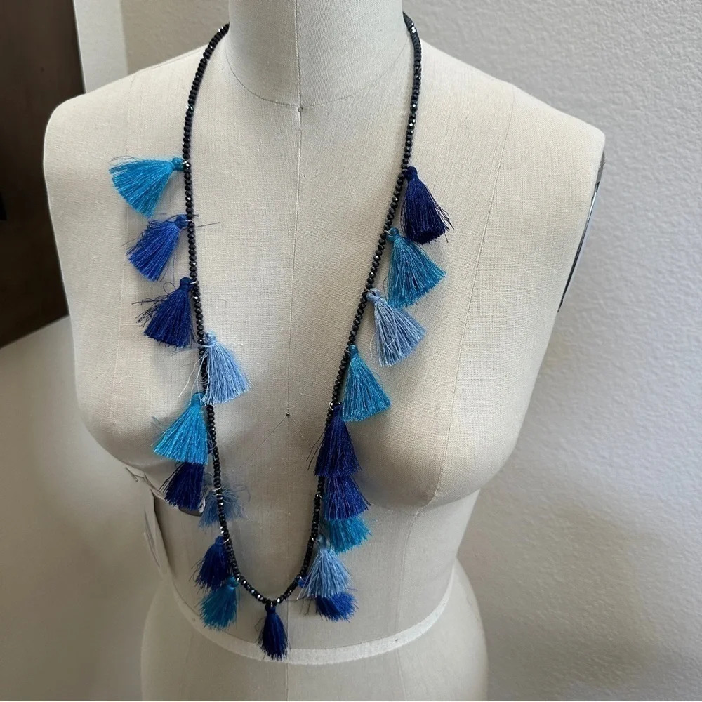 Kenneth Jay Lane Tassel Necklace with Black Faceted Crystal Beads - NWT